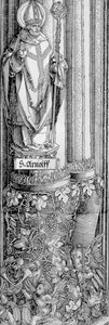 The Triumphal Arch of Emperor Maximilian I of Germany: Detail of Column from Left-Hand Gate Showing Statue of St. Arnulf with a Grape Vine Below and Cherubs Blowing Trumpets by Albrecht Dürer